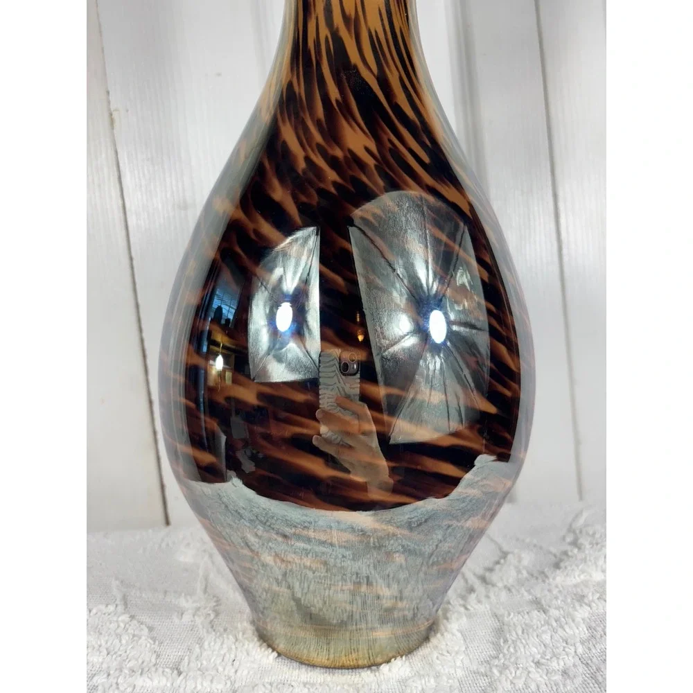 Brown Gold Art Glass‎ Vase Tiger Stripe Pattern Accent Piece Large